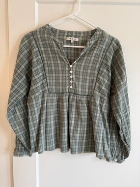 Madewell Sage Green Plaid Peplum Button-Front Top